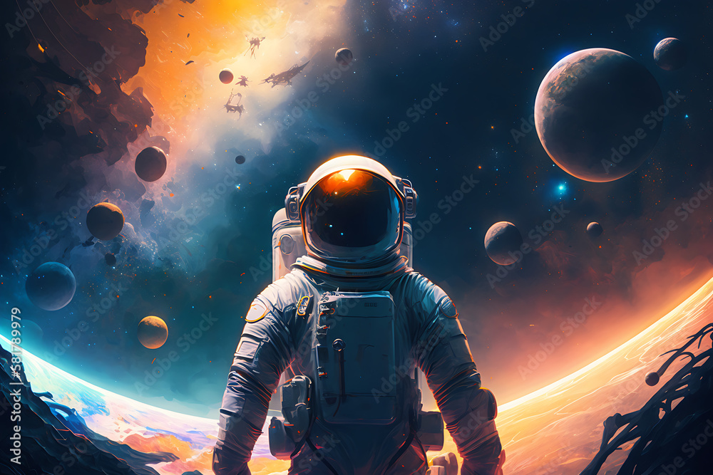 Astronaut standing between planets in space, generative AI Astronaut standing between planets in space, generative AI