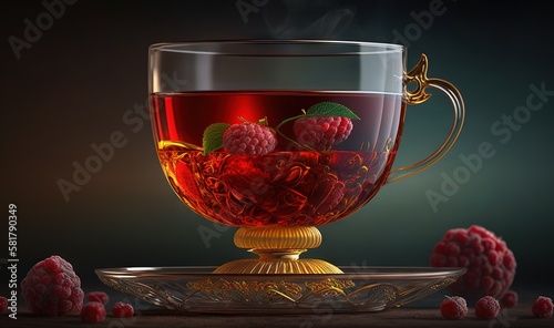  a glass cup of raspberries tea with steam coming out of it. generative ai