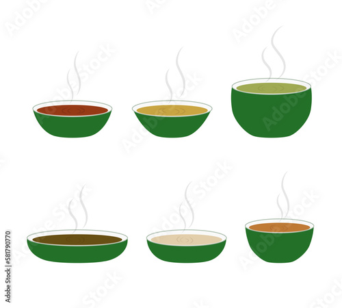 Soup with vegetables isolated on white background. Vector illustration. Hot bowl of soup. Set.