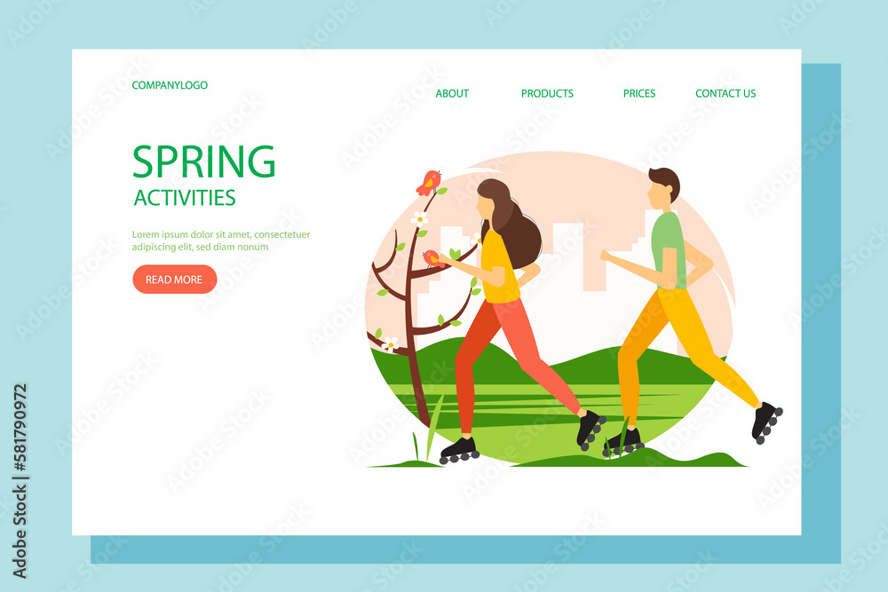 Guy and girl rollerblading in the park in spring. Landing page template. illustration of an active lifestyle.
