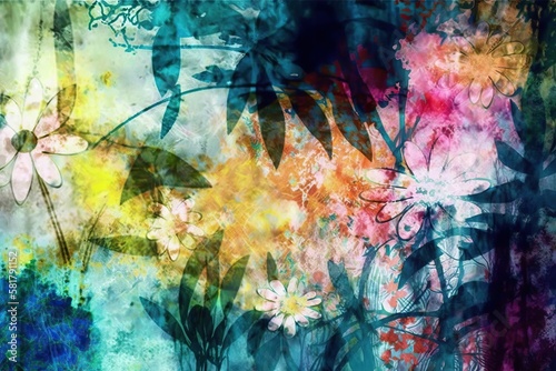 Plant and flower  Grunge style beautiful colorful abstract art  Ai generated 