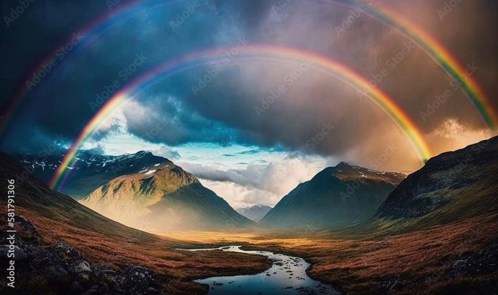  two rainbows in the sky over a mountain valley with a stream.  generative ai