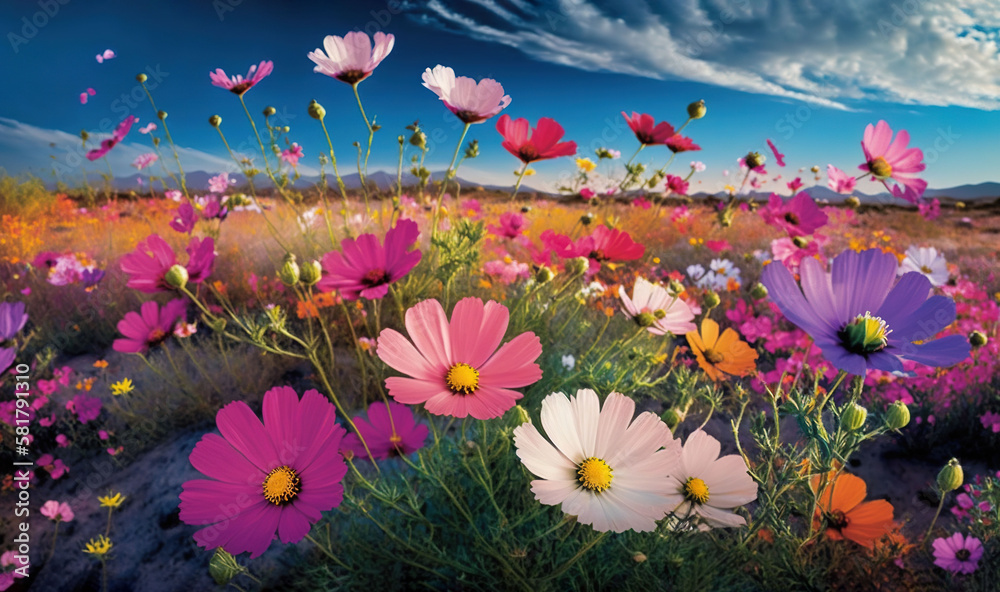  a field full of colorful flowers under a blue sky with clouds.  generative ai