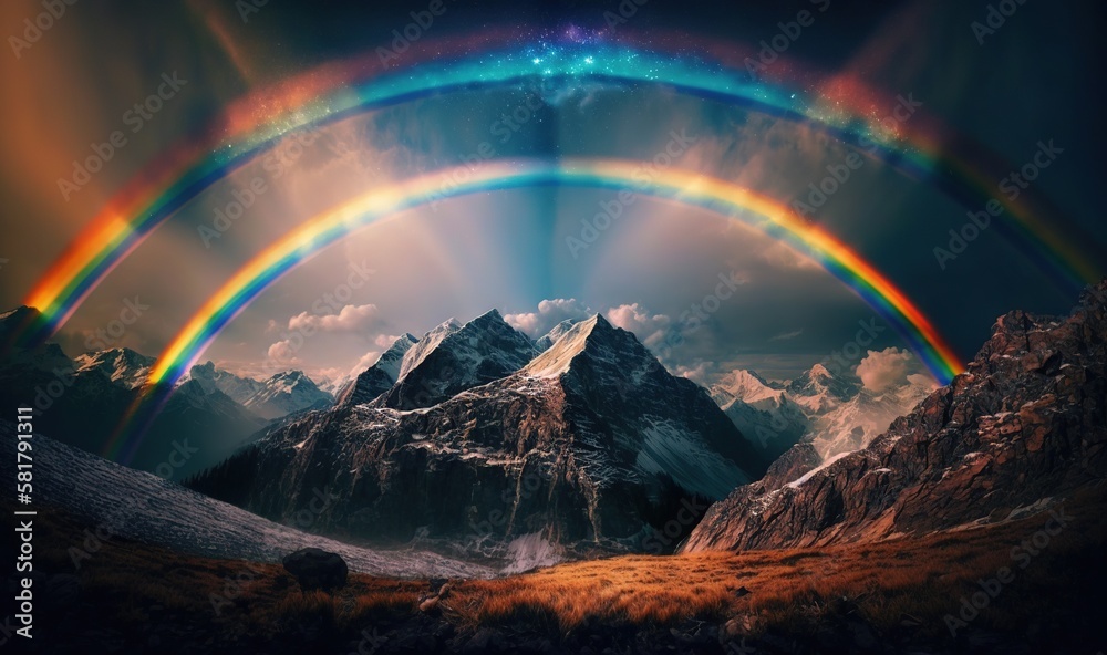  a double rainbow over a mountain range with a sky background.  generative ai