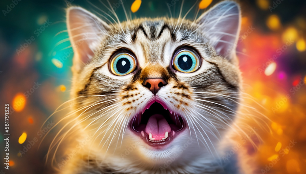 Funny Cat: A Humorous and Whimsical Showcase of Surprise and Amusement, Featuring a Distinctive Tooth-baring Expression on a Bold and Eye-catching Background. Generative AI