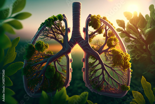 Lungs with green leaves and trees in the background. Generative AI.