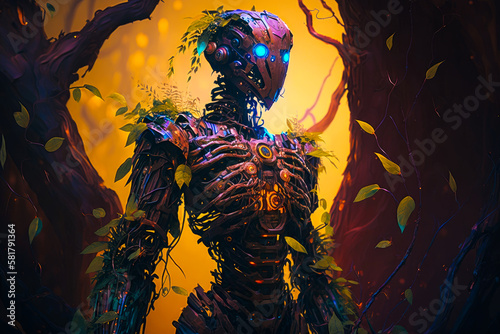 An image of robot standing in the woods. Generative AI.