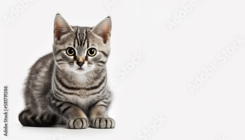Gray and white striped kitten sitting on white background. Generative AI.