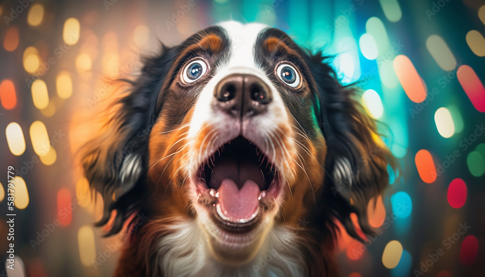 Funny Dog: A Humorous and Whimsical Showcase of Surprise and Amusement, Featuring a Distinctive Tooth-baring Expression on a Bold and Eye-catching Background. Generative AI
