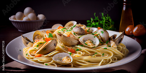 A plate of linguine alle vongole with garlic sauce and seafood generated by AI