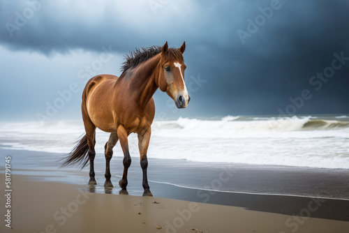 Horse is walking on the beach under stormy skies. Generative AI.