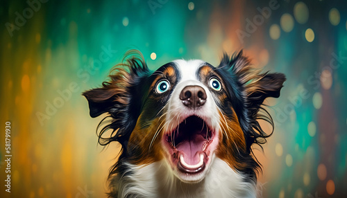 Funny Dog: A Humorous and Whimsical Showcase of Surprise and Amusement, Featuring a Distinctive Tooth-baring Expression on a Bold and Eye-catching Background. Generative AI