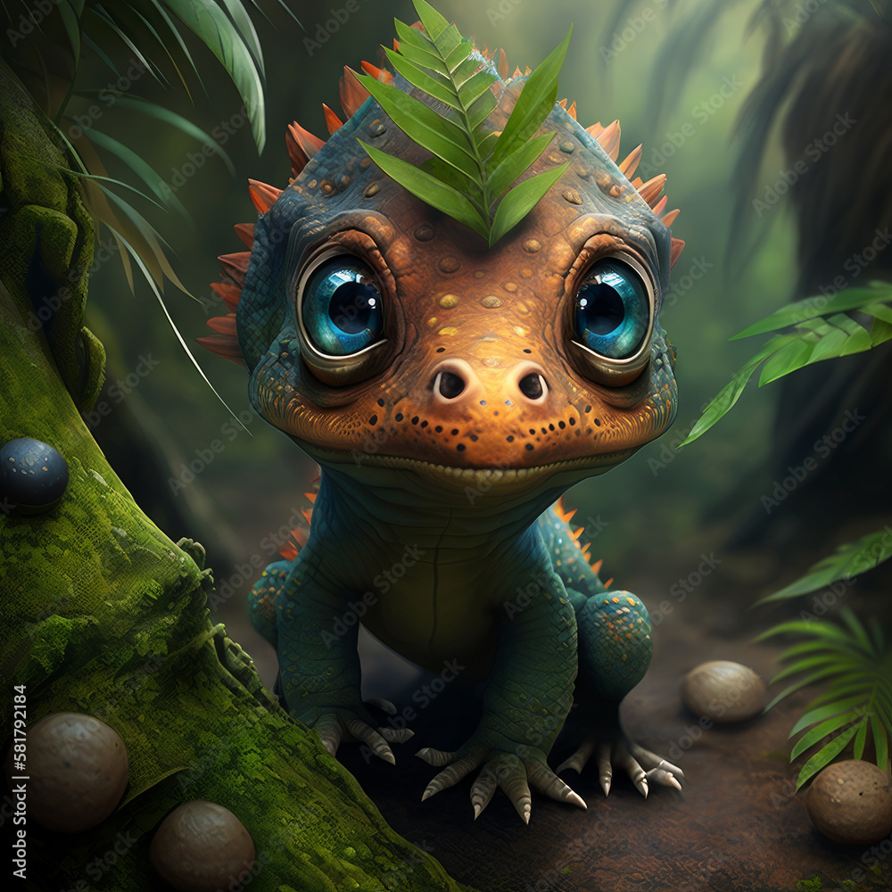 Small lizard with blue eyes in the jungle. Generative AI.