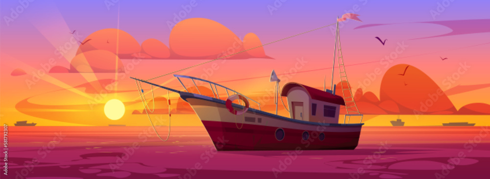 Fototapeta premium Fish trawler boat in sea vector marine background. Commercial fishery ship with lifebuoy in ocean water cartoon vector illustration. Adventure game for catching fish, early evening with orange sunset