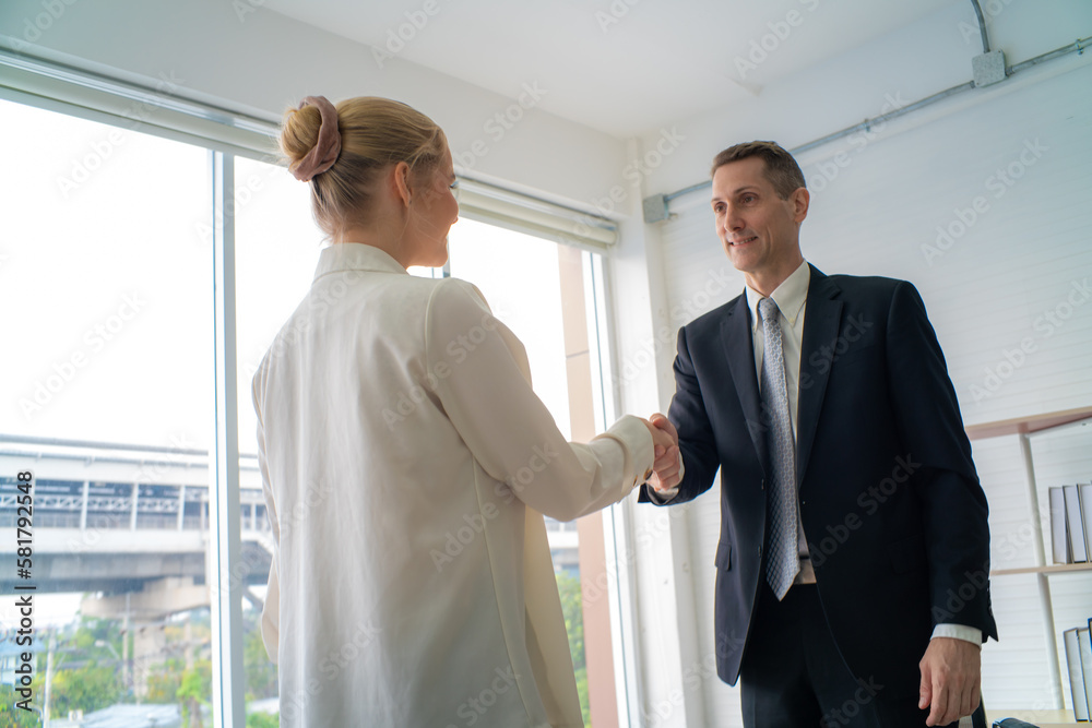 Professinal business man and businesswoman shaking hand in modern office Professinal business man and businesswoman shaking hand in modern office
