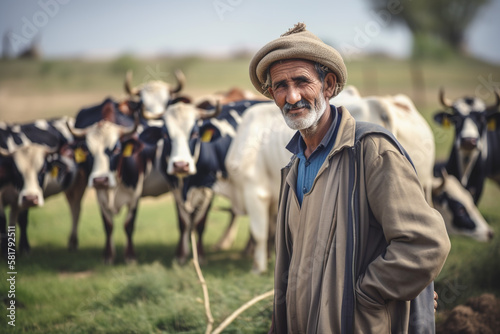 Male rancher on a farm, with cows. generate by ai © MoniStock