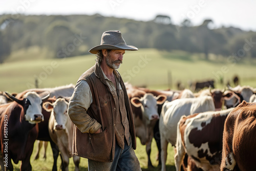 Male rancher on a farm, with cows. generate by ai