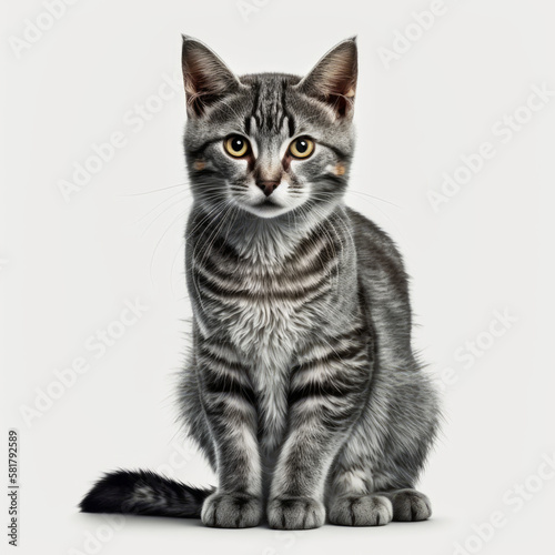 Gray tabby cat sitting on white background. Generative AI.