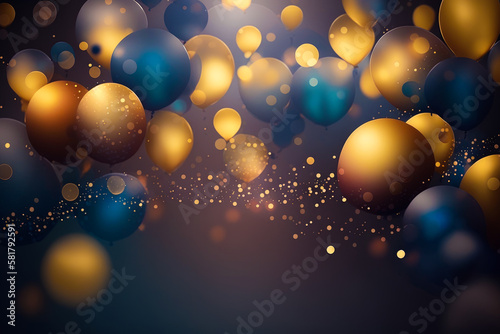 Gold and blue balloons on dark background. Generative AI.