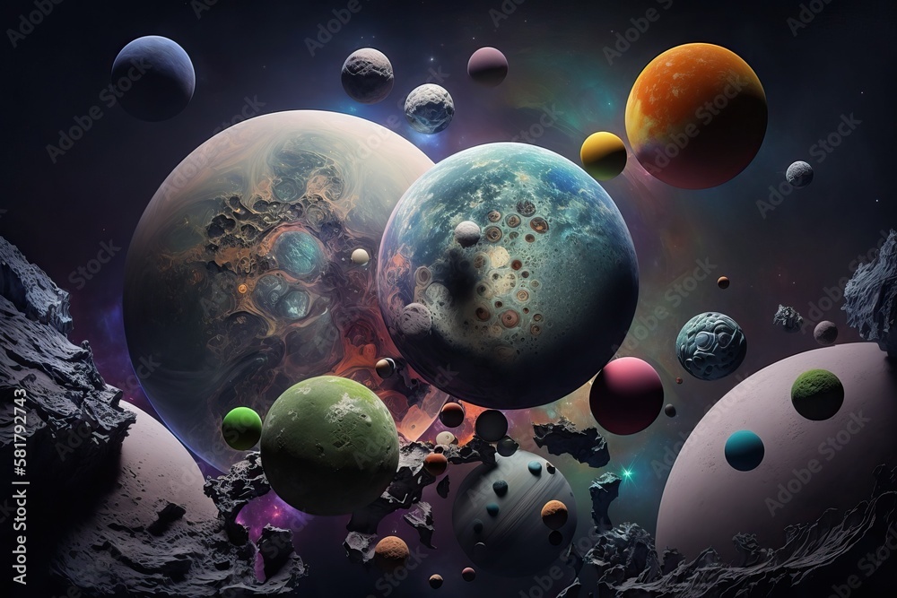 Space scene with multiple planets and moon (Ai generated) Space scene with multiple planets and moon (Ai generated)