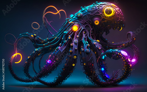 An octopus with glowing lights on its body. Generative AI.