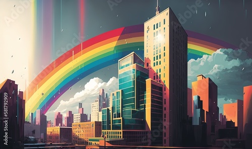  a painting of a city with a rainbow in the sky. generative ai