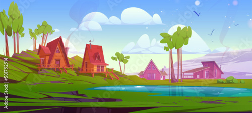 Summer hill with house and lake vector landscape. Village scene with green land, building and swamp. Sunny day meadow background with flying birds in sky. Wooden hut with porch, stairs and chimney