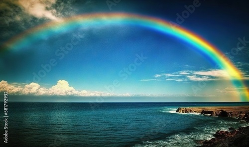  a rainbow over a body of water on a sunny day. generative ai