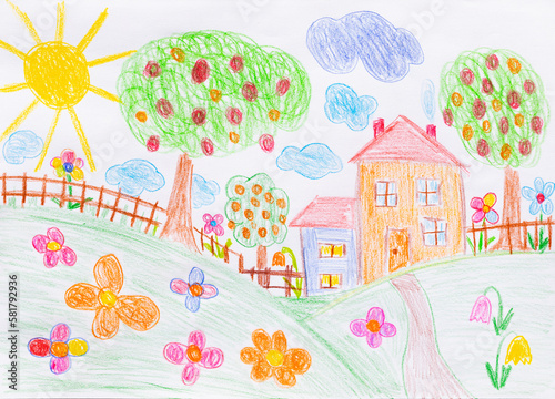 Vector illustration of child drawing of house with a garden fruit trees and flowers
