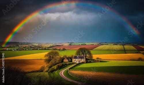  a rainbow over a rural landscape with a house and trees. generative ai