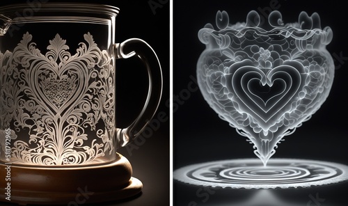  a glass teapot with a heart shaped design on it. generative ai