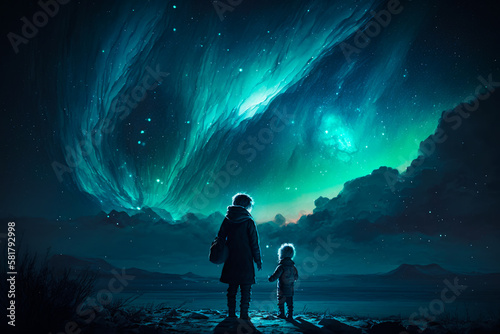 Two people looking at the aurora lights in the sky. Generative AI.