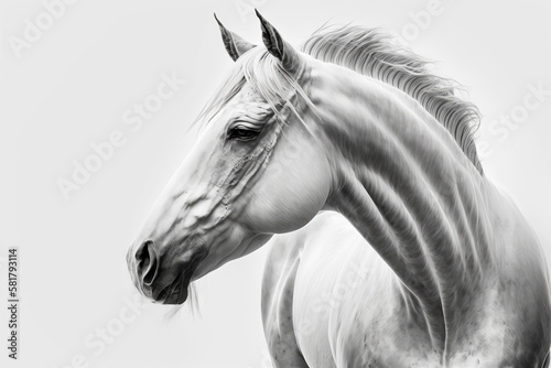 Black and white photo of white horse. Generative AI.