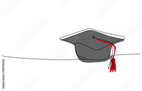 Continuous one line drawing of Graduation cap with tassel. Element for degree ceremony and educational programs design. Hand drawn vector illustration in minimalist line art style