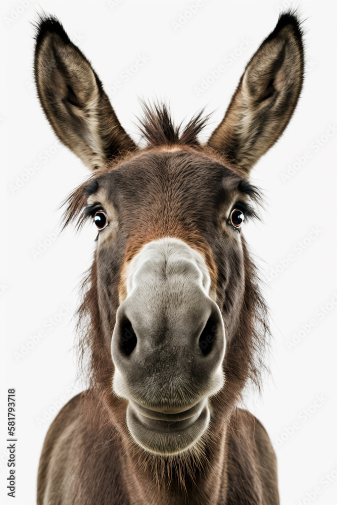 Portrait of a donkey on white. Generative Ai. 