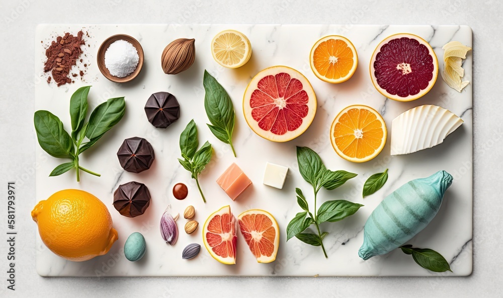 a white cutting board topped with oranges and other fruits. generative ai a white cutting board topped with oranges and other fruits. generative ai
