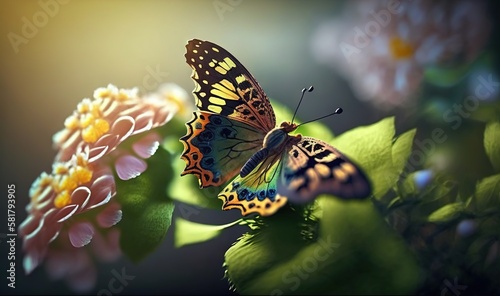  a butterfly sitting on top of a leaf next to a flower.  generative ai © Anna