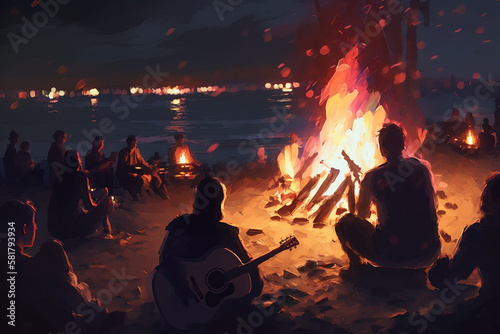 Generative Ai of a bonfire with blurred people having fun. 