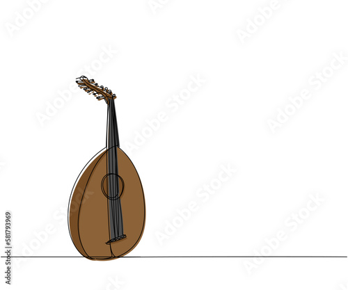 Lute one line color art. Continuous line drawing of music, instrument, folk, musical, culture, acoustic, ethnic, kobza, traditional, mandolin, string