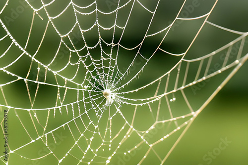 AI generated image of a spider web with drops of water from the rain sticking to the web.