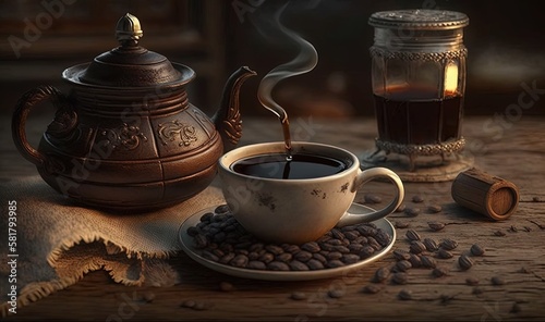  a cup of coffee and a teapot on a table. generative ai