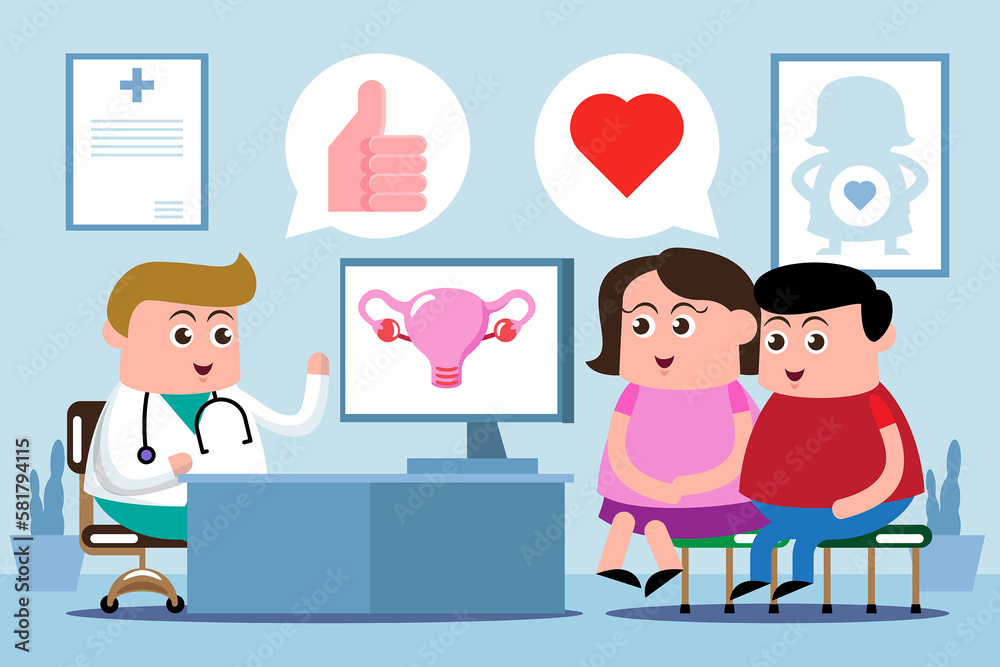 cartoon vector, illustration flat character happy married couple consult doctor, check uterus, planning pregnancy concept. cartoon vector, illustration flat character happy married couple consult doctor, check uterus, planning pregnancy concept.