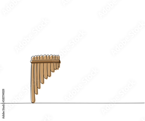 Pan flute one line color art. Continuous line drawing of culture, folk, wind, whistle, indian, america, latin, tube, panflute, vintage, panpipes, music, horn, bamboo Hand drawn vector illustration