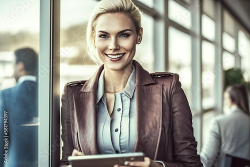 Beautiful smiling young student or business woman holding a tablet. Created with Generative AI technology. © Adrian Grosu
