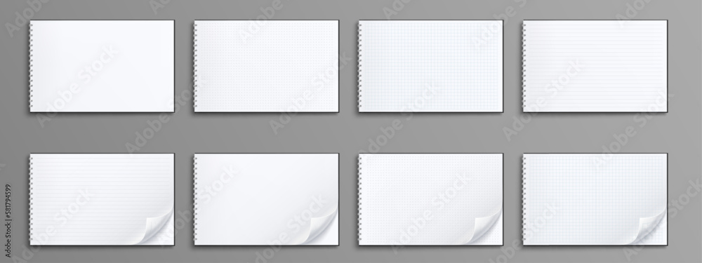Realistic set of notebook mockups isolated on gray background. Vector illustration of blank diary pages with folded corners. Top view of line, box, dot ruled white sheets on spiral binder Realistic set of notebook mockups isolated on gray background. Vector illustration of blank diary pages with folded corners. Top view of line, box, dot ruled white sheets on spiral binder