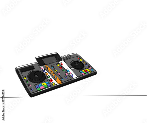 Dj console, keyboard one line color art. Continuous line drawing of disc, professional, nightlife, techno, vinyl, music, mixer, party, turntable, audio, panel, dance, disco, volume, record, control