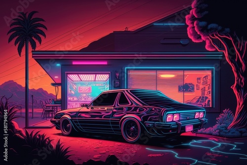 Background illustration Inspired by synthwave, retrowave, and the 80s scene. Generative AI photo