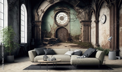  a living room with a couch and a large clock on the wall.  generative ai