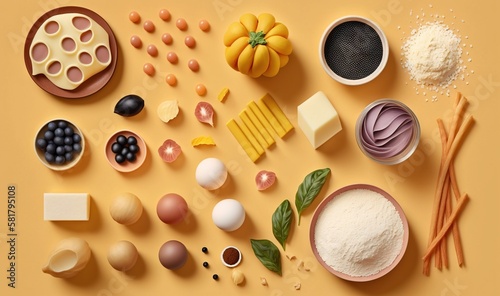  a variety of food items are arranged on a yellow surface.  generative ai