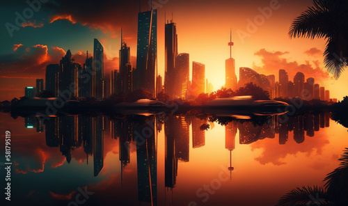  a picture of a city with a sunset in the background.  generative ai © Anna